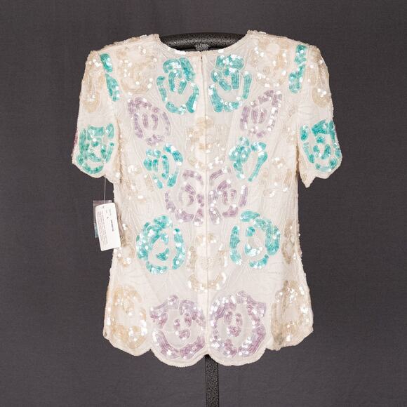 Vintage Papell Hand Made Women's Fairycore Top SMALL Silk Crepe Sequins Beaded - Picture 5 of 8